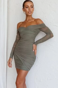 Moonrise Off-Shoulder Crossover Neckline Long Sleeve Ruched Dress Olive -Bridal Dr. Denim Store KJ0163H03OLIVE 4
