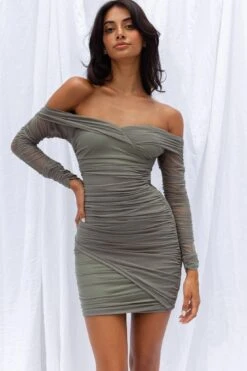 Moonrise Off-Shoulder Crossover Neckline Long Sleeve Ruched Dress Olive -Bridal Dr. Denim Store KJ0163H03 20OLIVE 4