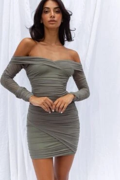 Moonrise Off-Shoulder Crossover Neckline Long Sleeve Ruched Dress Olive -Bridal Dr. Denim Store KJ0163H03 20OLIVE 6