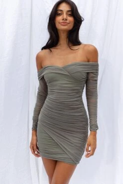 Moonrise Off-Shoulder Crossover Neckline Long Sleeve Ruched Dress Olive -Bridal Dr. Denim Store KJ0163H03 20OLIVE 8