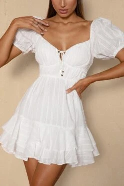 First Light Puff Sleeve Ruffle Dress White -Bridal Dr. Denim Store KJ0170DR08 20WHITE 4