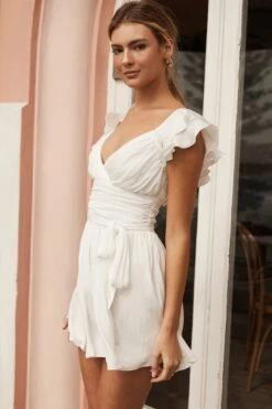 Lola Ruffle Shoulder Ruched Dress White -Bridal Dr. Denim Store KT0034D WHITE 2