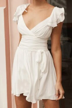 Lola Ruffle Shoulder Ruched Dress White -Bridal Dr. Denim Store KT0034D WHITE 4