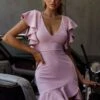 Cupid's BowV-Neckline Ruffle Shoulder Bodycon Dress Blush