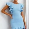 Cupid's Bow Ruffle Shoulder Bodycon Dress Baby Blue