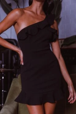 Over The Rainbow One-Shoulder Ruffle Trimmed Mini Dress Black -Bridal Dr. Denim Store ME0021D 20BLACK 4