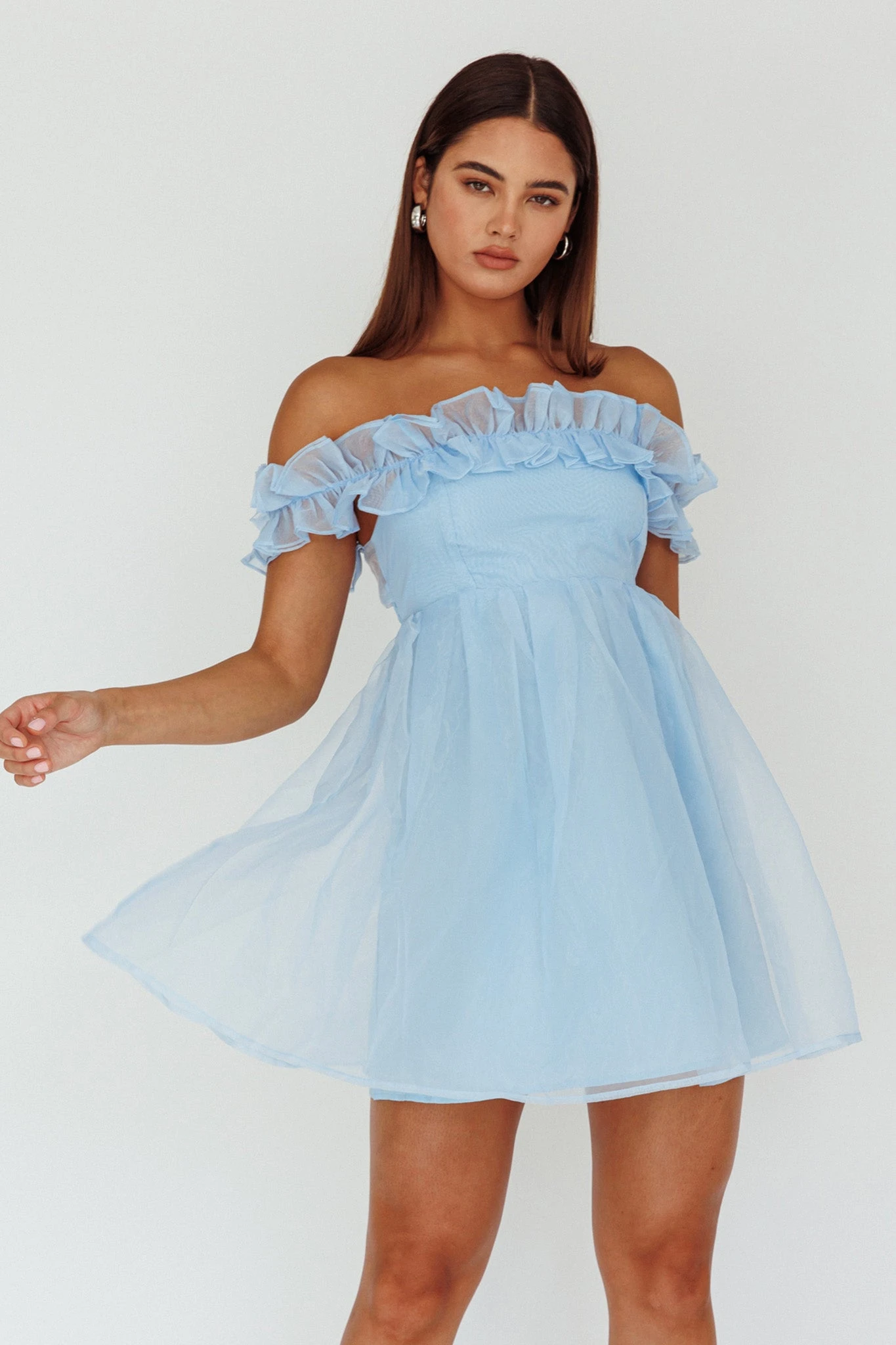 Dreamers Off-Shoulder Frill Mini Dress Light Blue 1 Dreamers Off-Shoulder Frill Mini Dress Light Blue