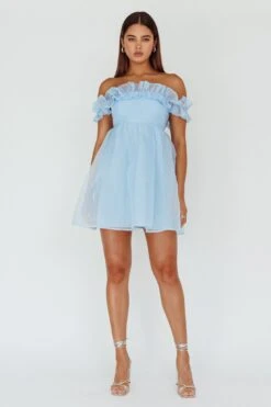 Dreamers Off-Shoulder Frill Mini Dress Light Blue 8 Dreamers Off-Shoulder Frill Mini Dress Light Blue -Bridal Dr. Denim Store SLA1831 20LIGHT 20BLUE 2