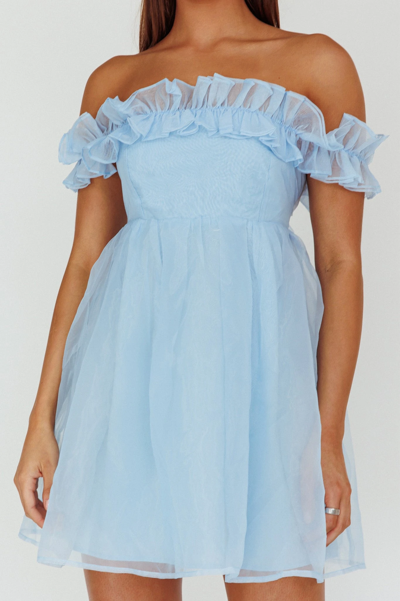 Dreamers Off-Shoulder Frill Mini Dress Light Blue 4 Dreamers Off-Shoulder Frill Mini Dress Light Blue - Image 4