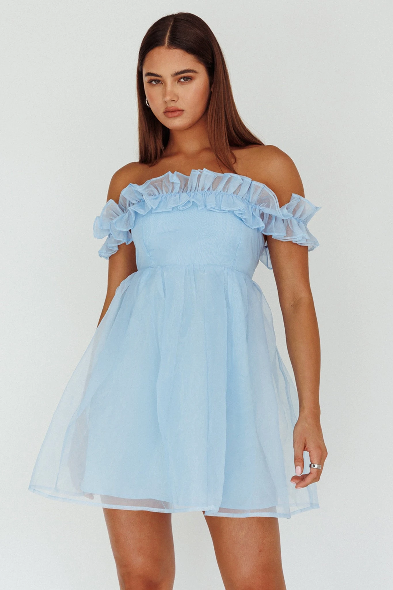 Dreamers Off-Shoulder Frill Mini Dress Light Blue 6 Dreamers Off-Shoulder Frill Mini Dress Light Blue - Image 6