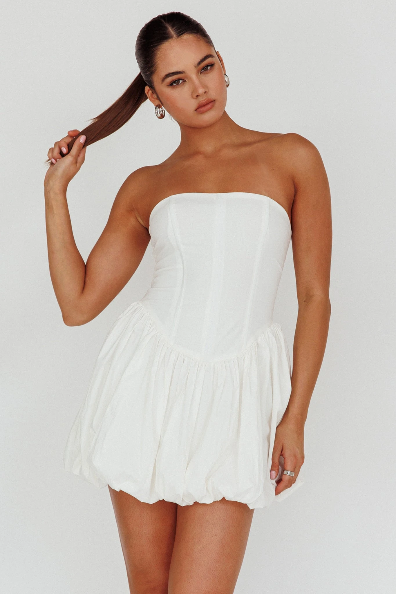 Monti Strapless Bubble Hem Mini Dress White 1 Monti Strapless Bubble Hem Mini Dress White