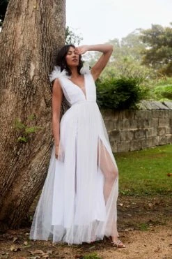 Ludivine Shoulder Accent Mesh Midi Dress Glitter White -Bridal Dr. Denim Store SLLD9028 20WHITE 2