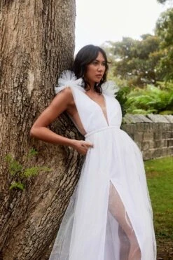 Ludivine Shoulder Accent Mesh Midi Dress Glitter White -Bridal Dr. Denim Store SLLD9028 20WHITE 5