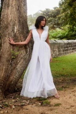 Ludivine Shoulder Accent Mesh Midi Dress Glitter White -Bridal Dr. Denim Store SLLD9028 20WHITE 6