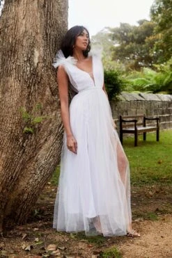 Ludivine Shoulder Accent Mesh Midi Dress Glitter White -Bridal Dr. Denim Store SLLD9028 20WHITE featured