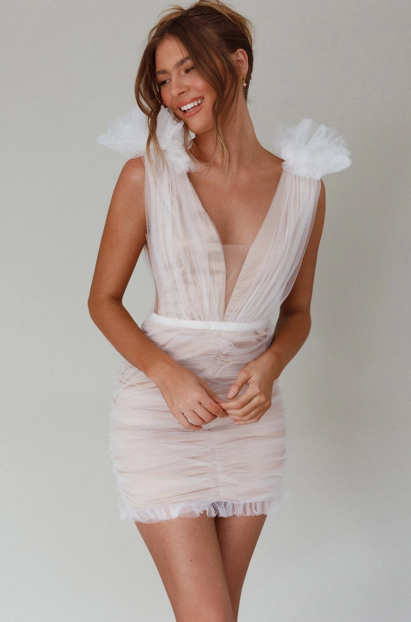 Ludivine Shoulder Accent Mesh Mini Dress White 1 Ludivine Shoulder Accent Mesh Mini Dress White