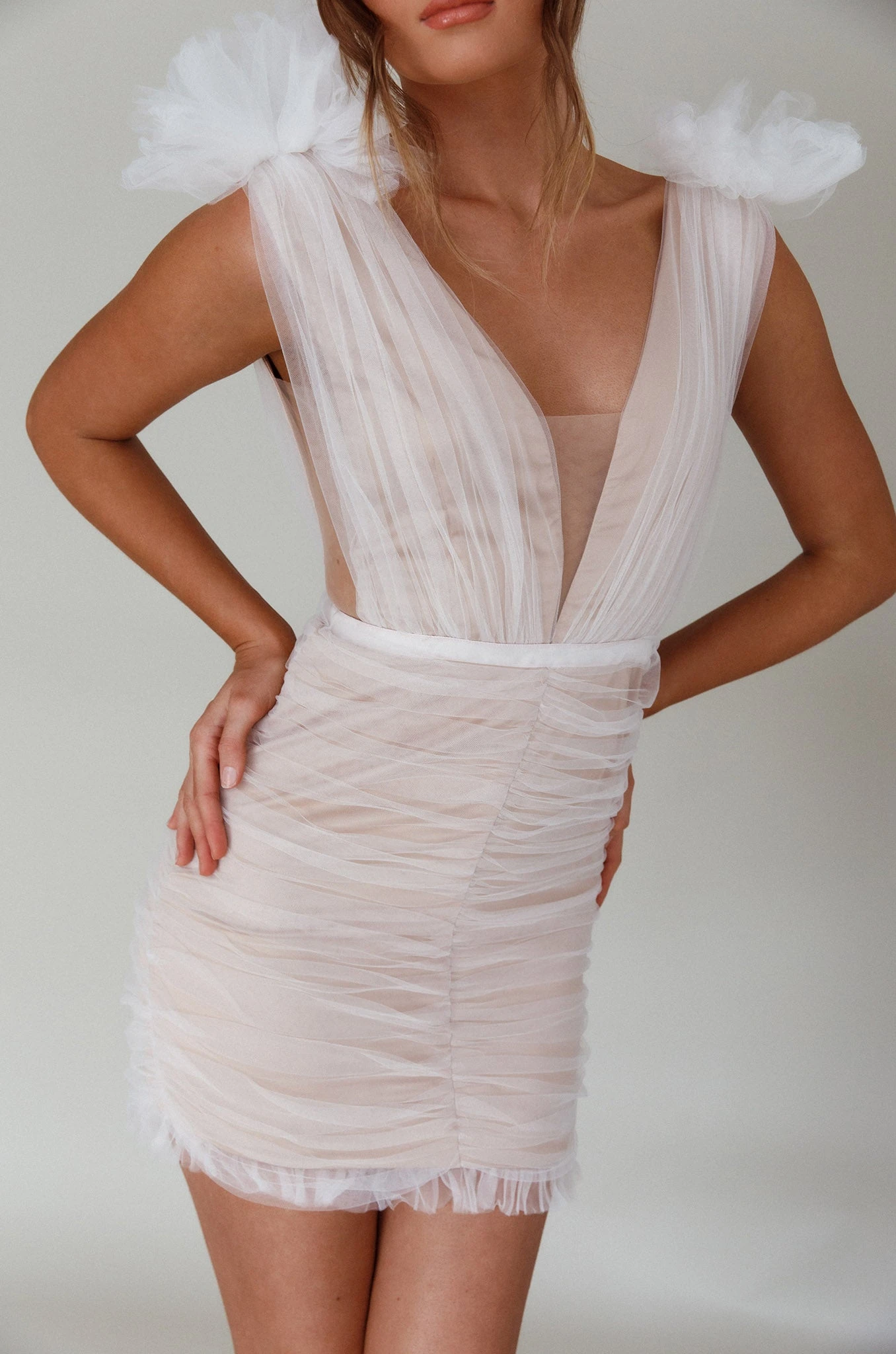 Ludivine Shoulder Accent Mesh Mini Dress White 4 Ludivine Shoulder Accent Mesh Mini Dress White - Image 4