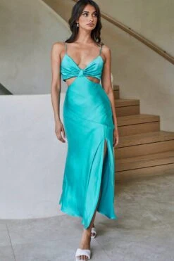 Acapulco Cami Strap Tied Back Satin Maxi Dress Green -Bridal Dr. Denim Store SR0002J08 GREEN 4