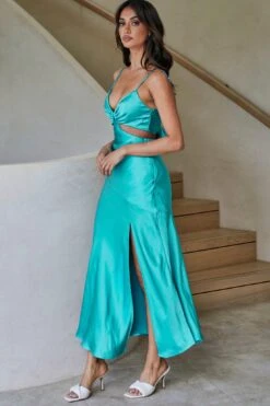 Acapulco Cami Strap Tied Back Satin Maxi Dress Green -Bridal Dr. Denim Store SR0002J08 GREEN 5