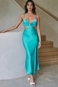 Acapulco Cami Strap Tied Back Satin Maxi Dress Green -Bridal Dr. Denim Store SR0002J08 GREEN 6