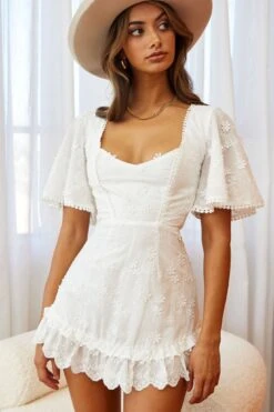 Joanie Angel Sleeve Floral Embroidery Mini Dress White -Bridal Dr. Denim Store SR0015B WHITE 2