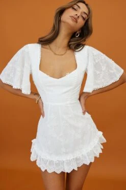 Joanie Angel Sleeve Floral Embroidery Mini Dress White -Bridal Dr. Denim Store SR0015B WHITE 5