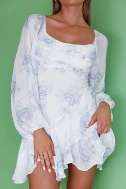 Beaujolais Long Sleeve Cowl Neckline Ruffle Mini Dress Floral Blue -Bridal Dr. Denim Store SR0086D01 20BLUE 9