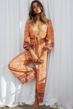 Novo Shirred Waist Long Pants Bohemian Print Orange -Bridal Dr. Denim Store SR0113B P ORANGE 5 1