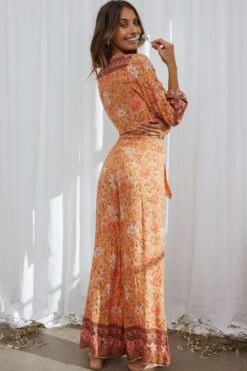 Novo Shirred Waist Long Pants Bohemian Print Orange -Bridal Dr. Denim Store SR0113B P ORANGE 6 1