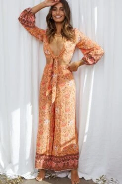 Novo Shirred Waist Long Pants Bohemian Print Orange -Bridal Dr. Denim Store SR0113B P ORANGE 7 1