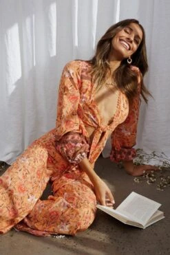 Novo Shirred Waist Long Pants Bohemian Print Orange -Bridal Dr. Denim Store SR0113B P ORANGE 8 1