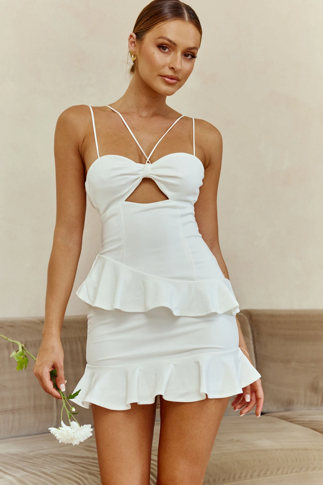 Moment Of Truth String-Tie Ruffle Trim Mini Dress White 1 Moment Of Truth String-Tie Ruffle Trim Mini Dress White