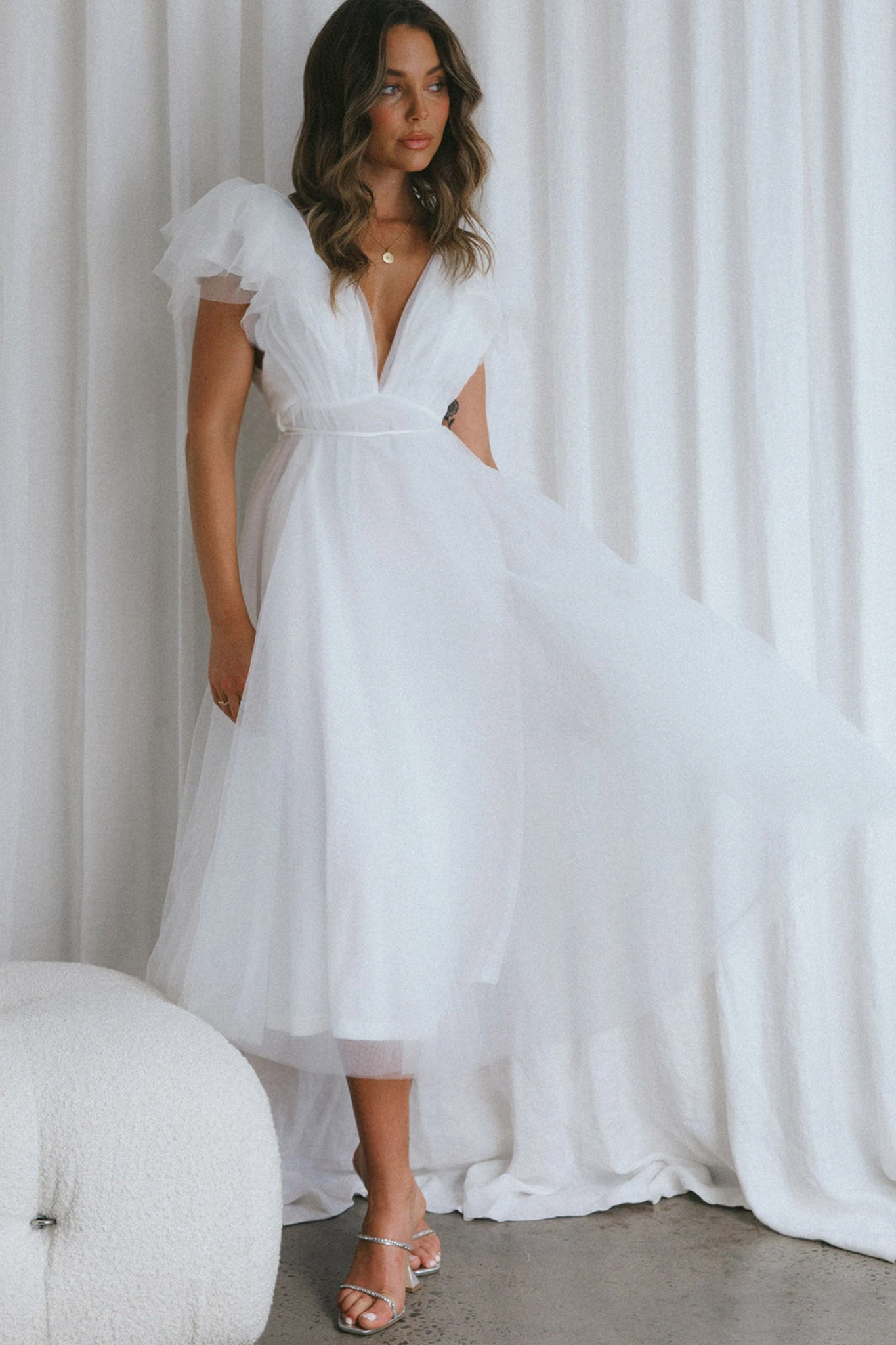 Leap Of Faith Frill Shoulder Tulle Midi Dress White 7 Leap Of Faith Frill Shoulder Tulle Midi Dress White - Image 7