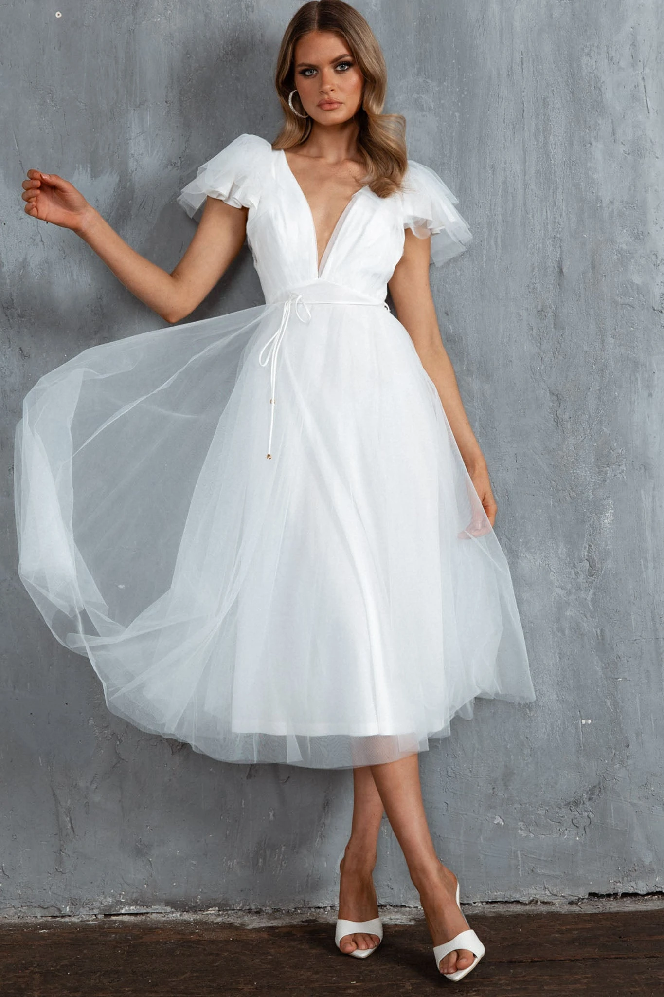 Leap Of Faith Frill Shoulder Tulle Midi Dress White 1 Leap Of Faith Frill Shoulder Tulle Midi Dress White