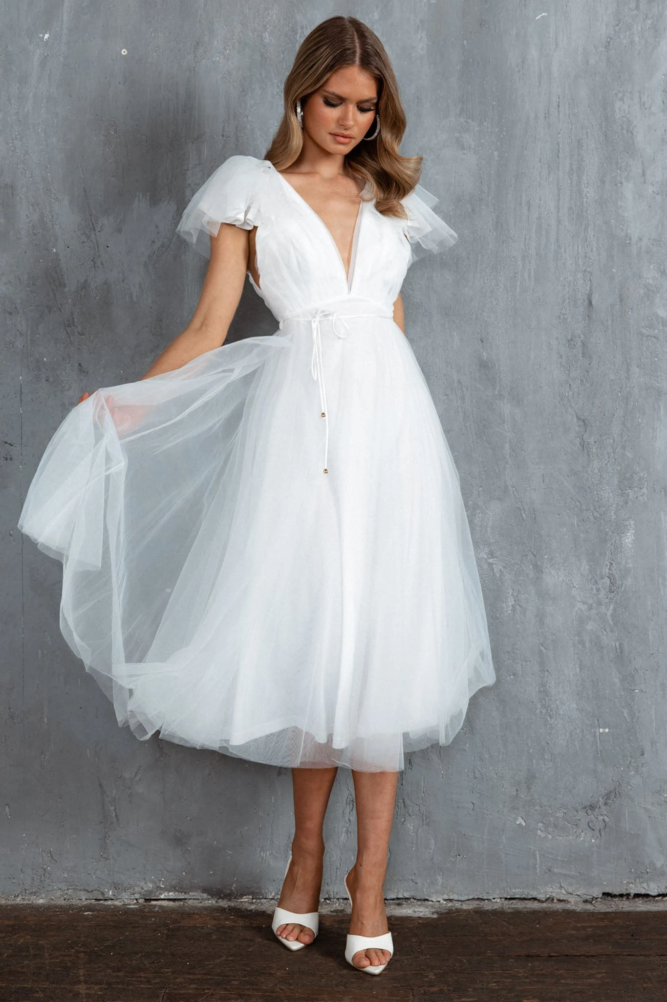 Leap Of Faith Frill Shoulder Tulle Midi Dress White 4 Leap Of Faith Frill Shoulder Tulle Midi Dress White - Image 4