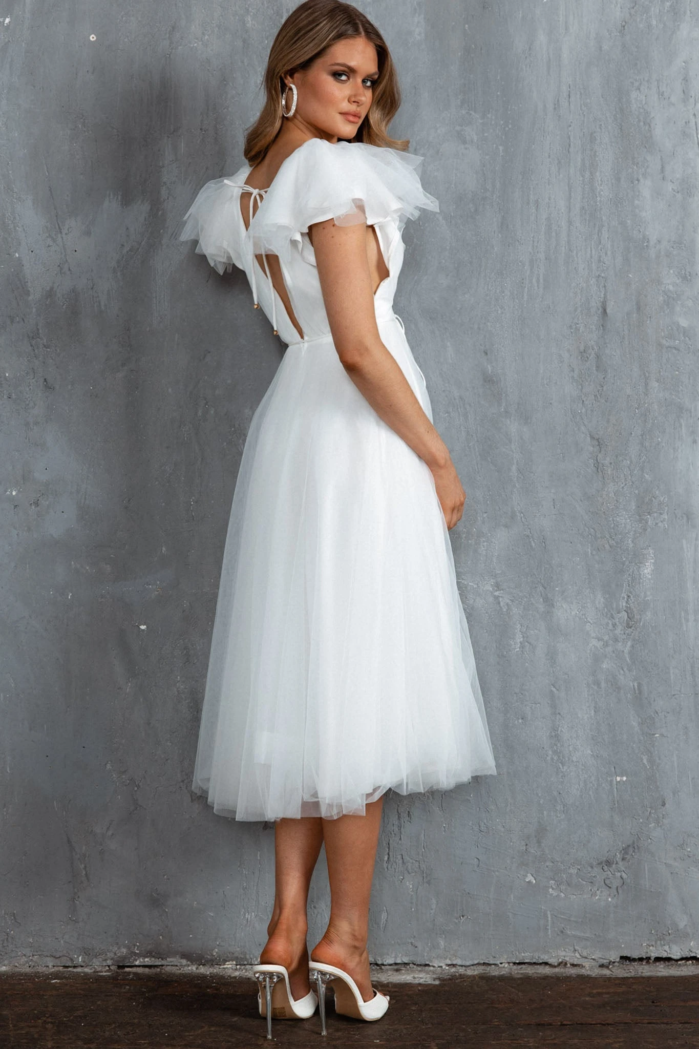 Leap Of Faith Frill Shoulder Tulle Midi Dress White 2 Leap Of Faith Frill Shoulder Tulle Midi Dress White - Image 2