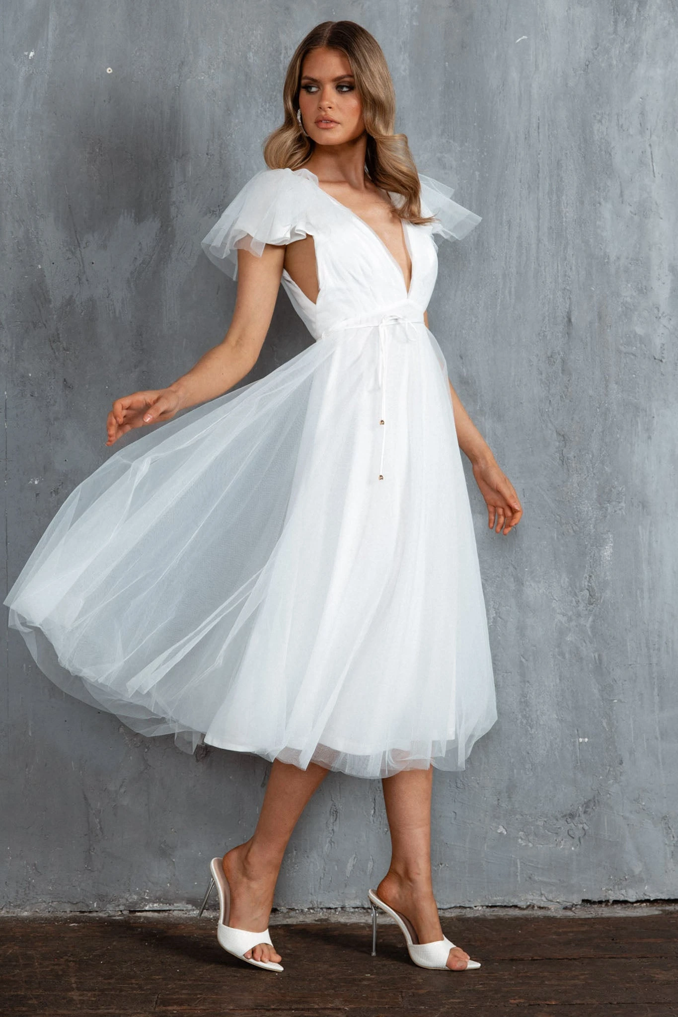 Leap Of Faith Frill Shoulder Tulle Midi Dress White 6 Leap Of Faith Frill Shoulder Tulle Midi Dress White - Image 6