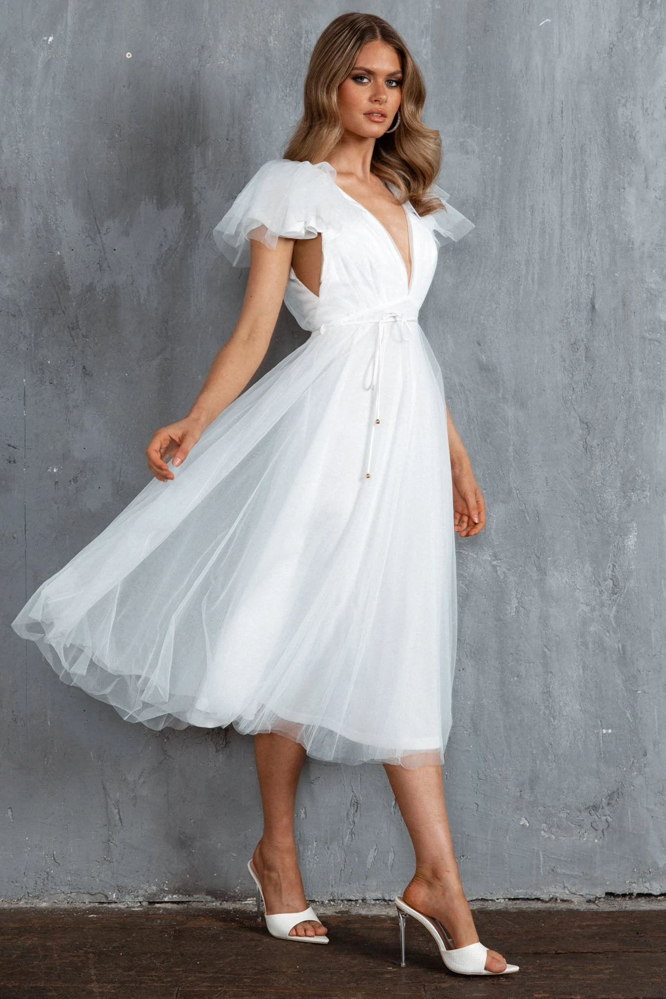 Leap Of Faith Frill Shoulder Tulle Midi Dress White 3 Leap Of Faith Frill Shoulder Tulle Midi Dress White - Image 3