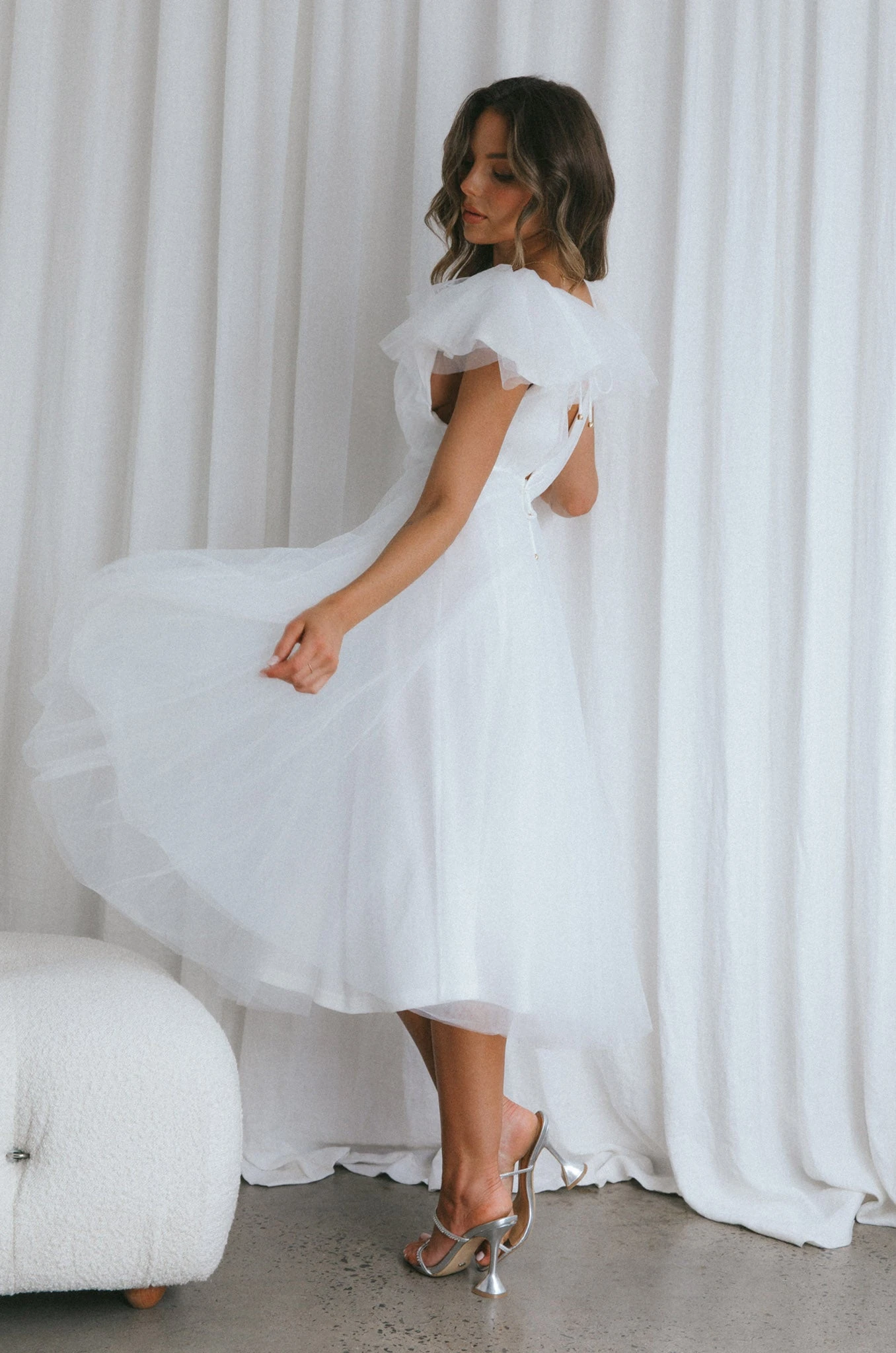 Leap Of Faith Frill Shoulder Tulle Midi Dress White 8 Leap Of Faith Frill Shoulder Tulle Midi Dress White - Image 8