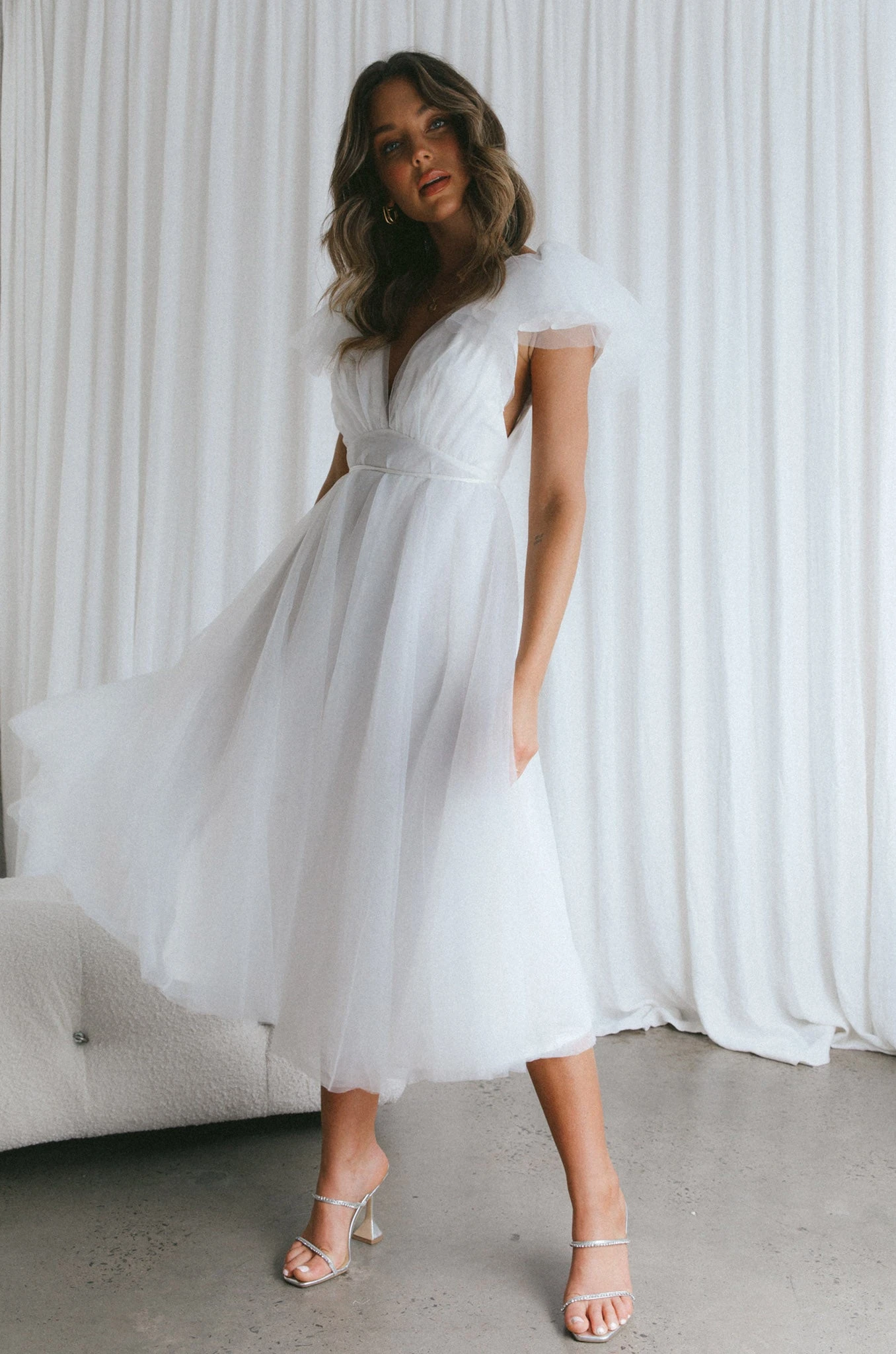 Leap Of Faith Frill Shoulder Tulle Midi Dress White 12 Leap Of Faith Frill Shoulder Tulle Midi Dress White - Image 12