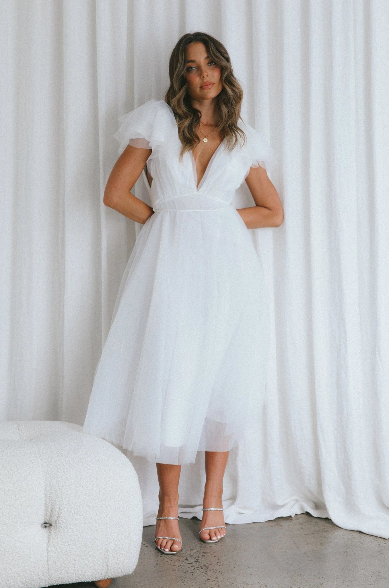 Leap Of Faith Frill Shoulder Tulle Midi Dress White 15 Leap Of Faith Frill Shoulder Tulle Midi Dress White - Image 15