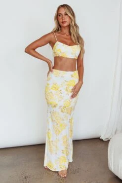The Moment Satin Maxi Skirt Floral Yellow -Bridal Dr. Denim Store SR0800J01 S 20YELLOW 5