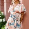Cami Angel Sleeve Faux Wrap Dress Watercolor Print Multi