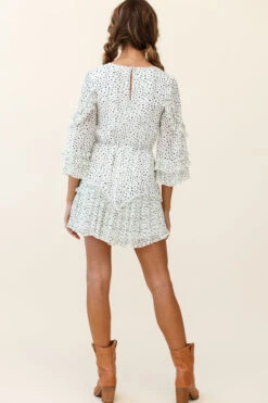 Yours Sincerely Three-Quarter Sleeve Accordion Pleat Dress Speckle Print White 9 Yours Sincerely Three-Quarter Sleeve Accordion Pleat Dress Speckle Print White -Bridal Dr. Denim Store ST2185D WHITE 2