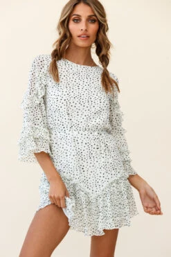 Yours Sincerely Three-Quarter Sleeve Accordion Pleat Dress Speckle Print White 10 Yours Sincerely Three-Quarter Sleeve Accordion Pleat Dress Speckle Print White -Bridal Dr. Denim Store ST2185D WHITE 4