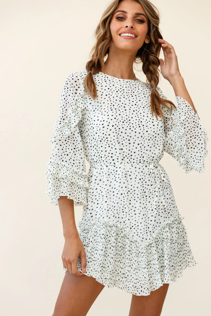 Yours Sincerely Three-Quarter Sleeve Accordion Pleat Dress Speckle Print White 5 Yours Sincerely Three-Quarter Sleeve Accordion Pleat Dress Speckle Print White - Image 5