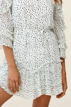 Yours Sincerely Three-Quarter Sleeve Accordion Pleat Dress Speckle Print White 12 Yours Sincerely Three-Quarter Sleeve Accordion Pleat Dress Speckle Print White -Bridal Dr. Denim Store ST2185D WHITE 6