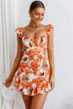 Liz Gathered Bust Frill Trim Dress Abstract Floral Orange -Bridal Dr. Denim Store ST2506B01 20ORANGE 4