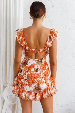 Liz Gathered Bust Frill Trim Dress Abstract Floral Orange -Bridal Dr. Denim Store ST2506B01 20ORANGE 6