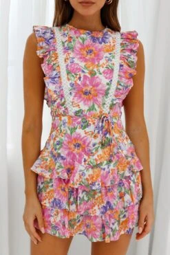 Weekend Muse Sleeveless Layered Frill Dress Floral Print Multi -Bridal Dr. Denim Store ST2698D WHITE MULTI 4